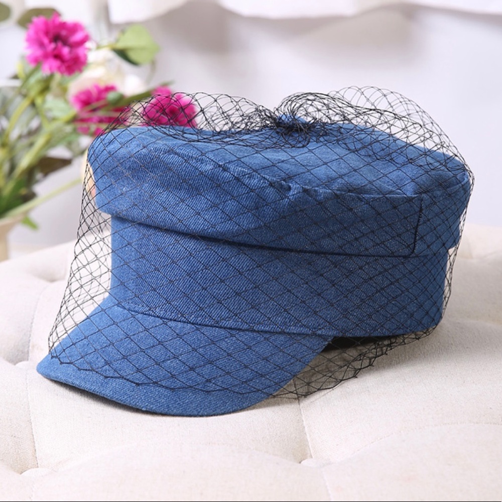 Quality Cotton Denim Navy Hat with black veil net contrast - Picture 2 of 6